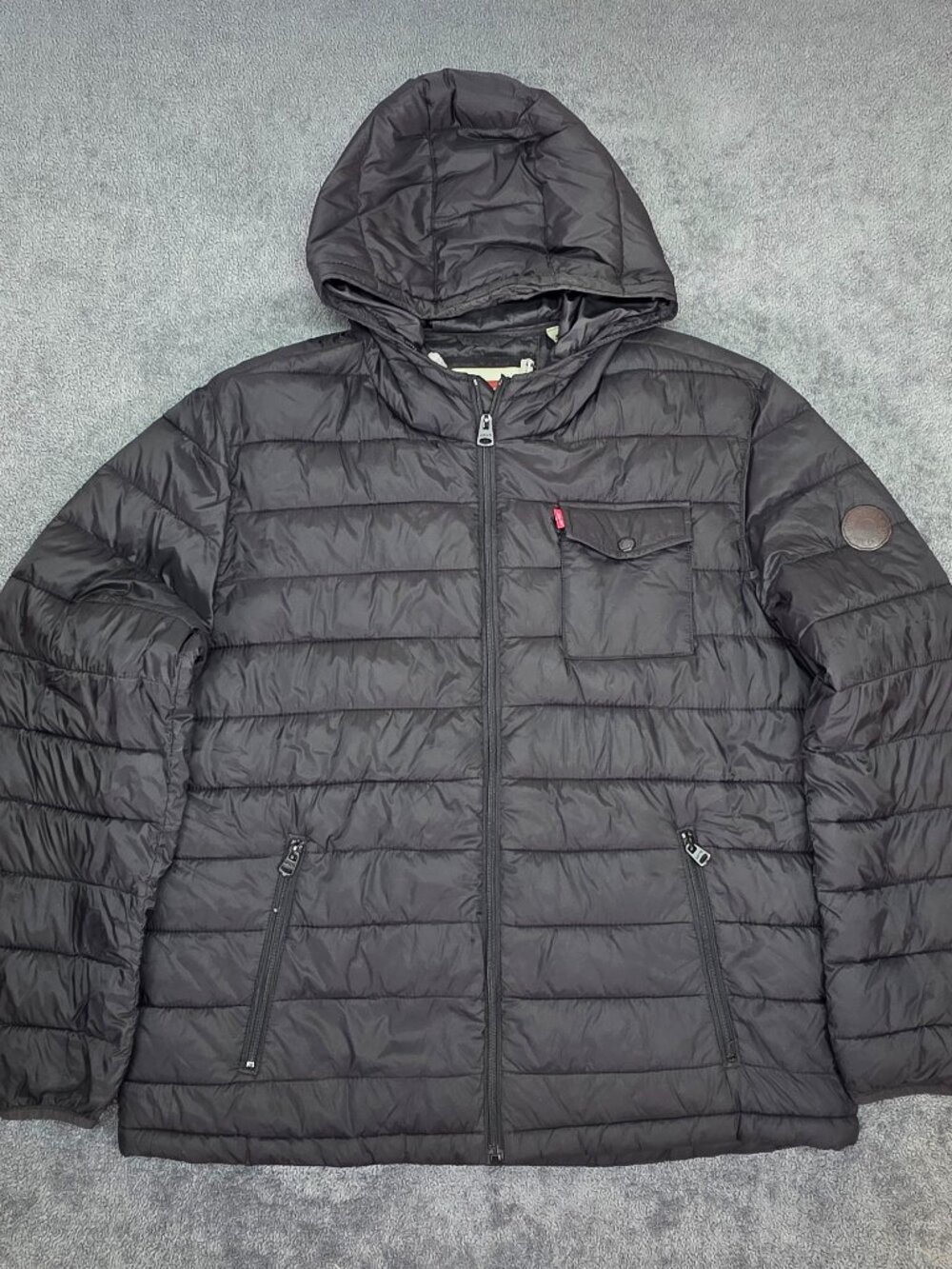 Levi’s Puffer Jacket Mens XL Black Hooded Quilted Full Zip Coat